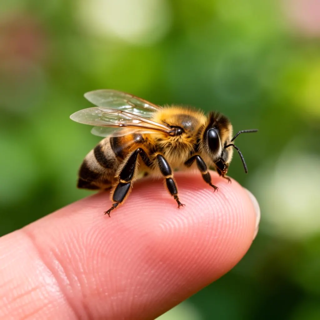 A honeybee resting on a person's fingertip