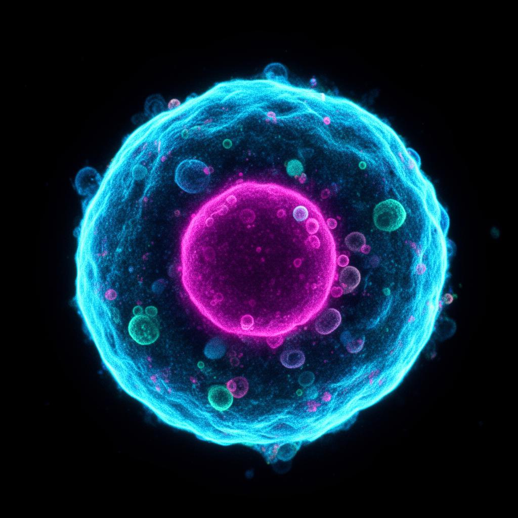 Fluorescent microscopy image of a single cell showing membrane and nucleus