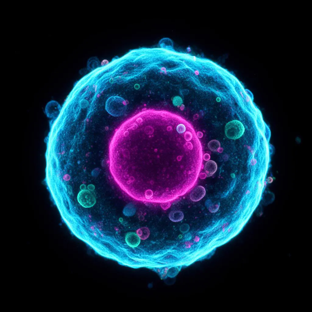 Fluorescent microscopy image of a single cell showing membrane and nucleus