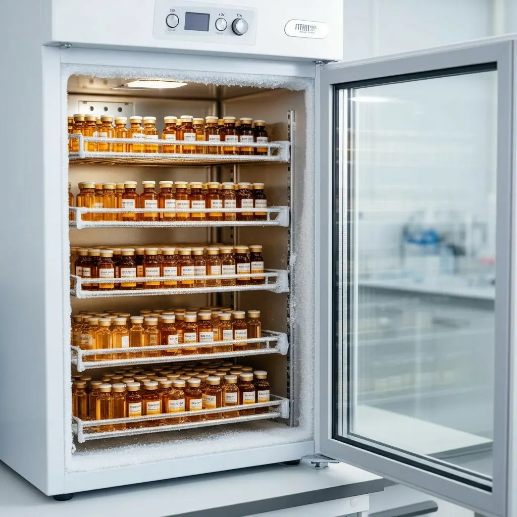 Researcher inspecting amber bee venom vials in a cold-storage laboratory